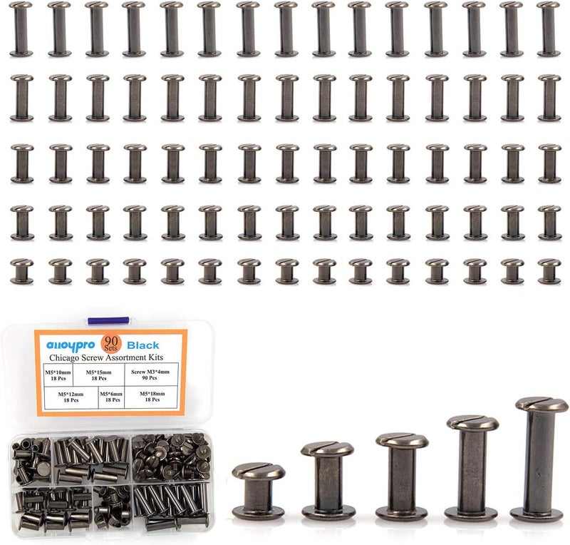 ALLOYPRO 90 Set Chicago Screws Assorted Kit 5 Size GunMetal Leather Rivet 5mm Screw Rivets Flat Fillister Book Bingding Post Nail Rivet Chicago Bolt for DIY Leather Craft Bookbinding (6,10,12,15,18mm) - Image 1